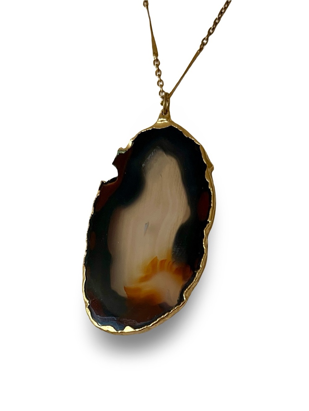 Natural Agate Slice Pendant Necklace Gold Tone 23” Statement Jewelry